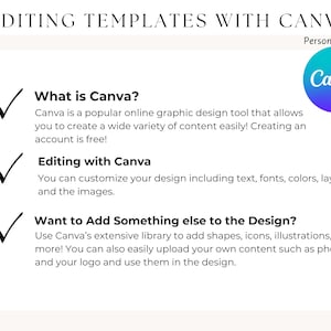 May include: A checklist with three green checkmarks and text explaining how to use Canva, a popular online graphic design tool. The text explains that Canva is free to use and allows users to create a wide variety of content. The text also explains how to customize designs using text, fonts, colors, layout, and images. The text also explains how to add shapes, icons, illustrations, and photos to designs.