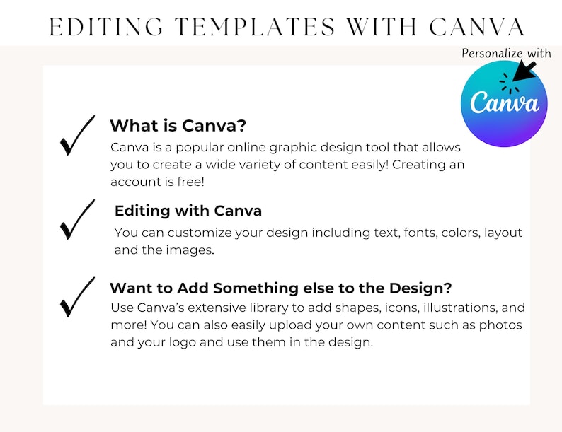 May include: A checklist with three green checkmarks and text explaining how to use Canva, a popular online graphic design tool. The text explains that Canva is free to use and allows users to create a wide variety of content. The text also explains how to customize designs using text, fonts, colors, layout, and images. The text also explains how to add shapes, icons, illustrations, and photos to designs.