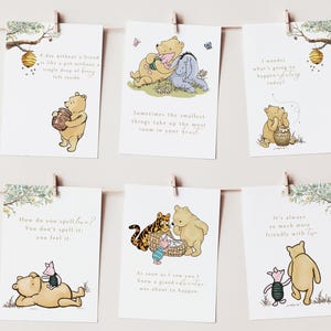 May include: A set of 8 Winnie the Pooh themed printable cards with illustrations and quotes. The cards feature Winnie the Pooh and Piglet in various scenes. The quotes include: "A day without a friend is like a pot without a single drop of honey left inside", "Sometimes the smallest things take up the most room in your heart", "How do you spell 'love'? You don't spell it, you feel it", "As soon as I saw you, I knew a grand adventure was about to happen", "I wonder what's going to happen today?", "It's always so much more friendly with two", and more.