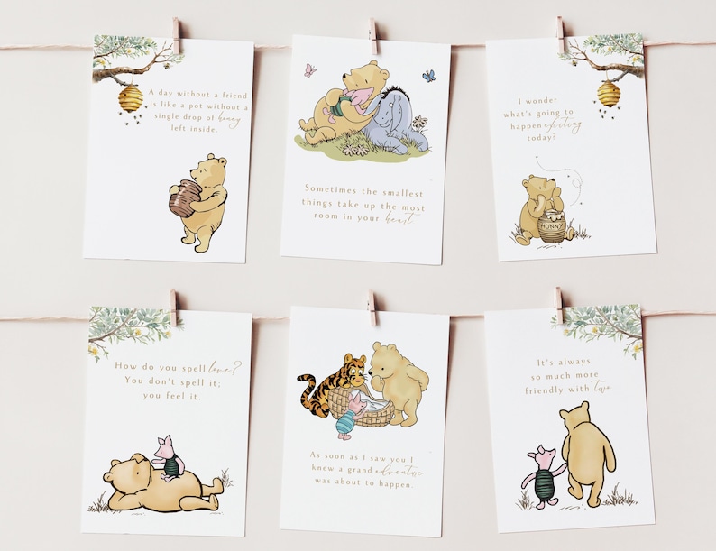 May include: A set of 8 Winnie the Pooh themed printable cards with illustrations and quotes. The cards feature Winnie the Pooh and Piglet in various scenes. The quotes include: "A day without a friend is like a pot without a single drop of honey left inside", "Sometimes the smallest things take up the most room in your heart", "How do you spell 'love'? You don't spell it, you feel it", "As soon as I saw you, I knew a grand adventure was about to happen", "I wonder what's going to happen today?", "It's always so much more friendly with two", and more.