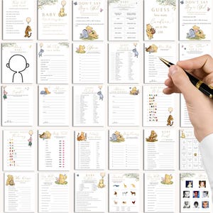 May include: A set of 20 printable Winnie the Pooh baby shower game cards featuring illustrations of Winnie the Pooh and Piglet. The games include "Guess the Baby Food", "Don't Say Baby or Girl", "Who Will the Baby Look Like", and "Baby Bingo".