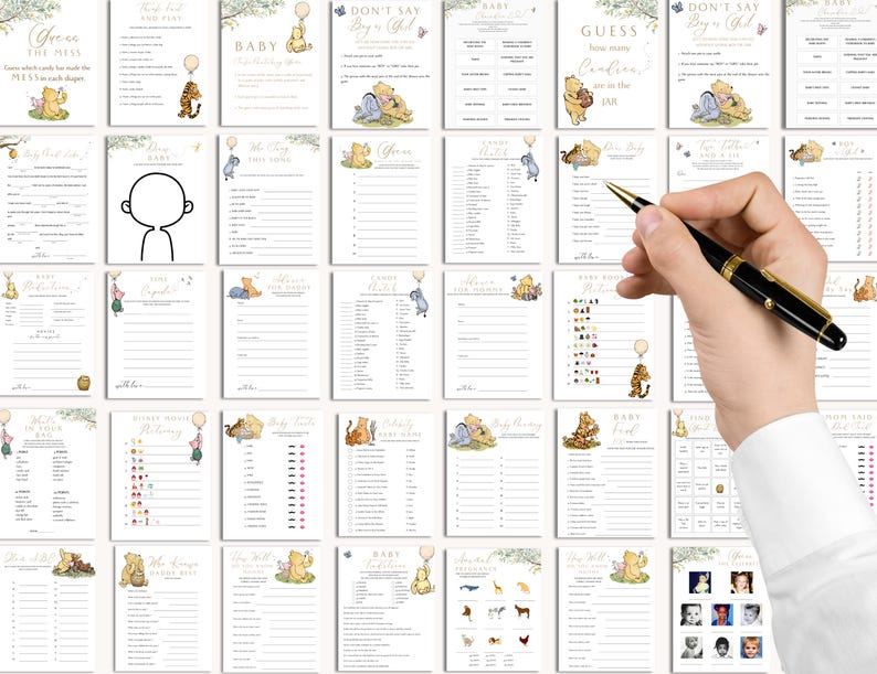 May include: A set of 20 printable Winnie the Pooh baby shower game cards featuring illustrations of Winnie the Pooh and Piglet. The games include "Guess the Baby Food", "Don't Say Baby or Girl", "Who Will the Baby Look Like", and "Baby Bingo".