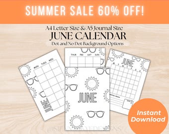 June Printable Title Page and Calendar, Uncolored, Journal Cover and Monthly Planner, Instant Download
