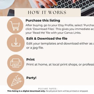 May include: A digital download guide with instructions on how to purchase, edit, download, print, and use a digital party template. The guide features icons of a shopping cart, a download arrow, a printer, and a party hat.