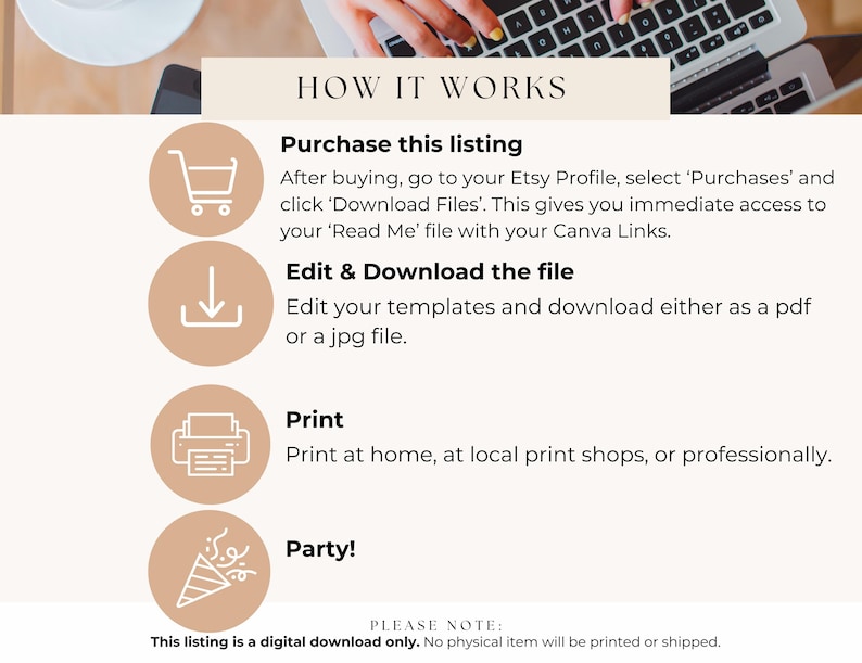 May include: A digital download guide with instructions on how to purchase, edit, download, print, and use a digital party template. The guide features icons of a shopping cart, a download arrow, a printer, and a party hat.
