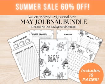May include: Black and white printable journal pages for the month of May. The pages include a habit tracker, playlist, my day, shows watched, highlight of the day, and a calendar. The pages have a floral design with hanging plants. The text "SUMMER SALE 60% OFF!" is at the top of the image. The text "A4 Letter Size & A5 Journal Size MAY JOURNAL BUNDLE" is below the sale text. The text "Dot and No Dot Background Options" is below the bundle text. The text "Includes 18 PAGES!" is in the lower right corner of the image.