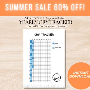 May include: Printable yearly cry tracker in A4 or A5 size. The tracker has a grid with months of the year labeled across the top and numbers 1-31 down the side. The grid is filled with blue squares to represent crying days. The text "CRIED" and "DIDN'T CRY" are labeled next to the blue squares. The text "CRY TRACKER" is at the top of the page. The text "INSTANT DOWNLOAD!" is in a circle at the bottom right corner of the page.
