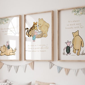May include: Three framed Winnie the Pooh prints with illustrations and quotes. The first print features Winnie the Pooh and Piglet lying down. The second print features Winnie the Pooh and Piglet sitting in a basket. The third print features Winnie the Pooh and Piglet walking together. The quotes are "How do you spell love? You don't spell it, you feel it", "As soon as I saw you, I knew a grand adventure was about to happen", and "It's always so much more friendly with two".