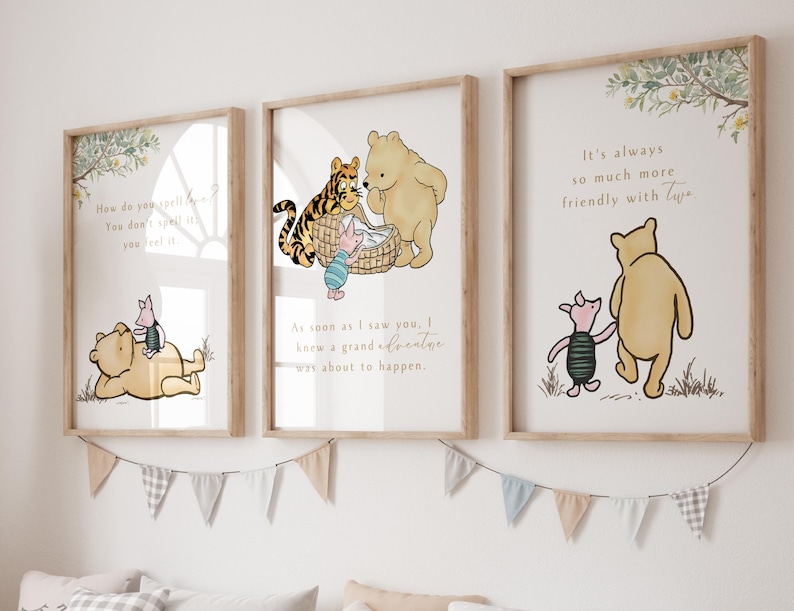 May include: Three framed Winnie the Pooh prints with illustrations and quotes. The first print features Winnie the Pooh and Piglet lying down. The second print features Winnie the Pooh and Piglet sitting in a basket. The third print features Winnie the Pooh and Piglet walking together. The quotes are "How do you spell love? You don't spell it, you feel it", "As soon as I saw you, I knew a grand adventure was about to happen", and "It's always so much more friendly with two".