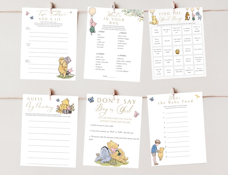May include: A set of Winnie the Pooh baby shower game cards. The cards are white with gold and pink accents. The games include "Two Truths and a Lie", "What's in Your Bag", "Find the Guest Bingo", "Guess My Honey", "Don't Say Boy or Girl", and "What's the Baby Food".