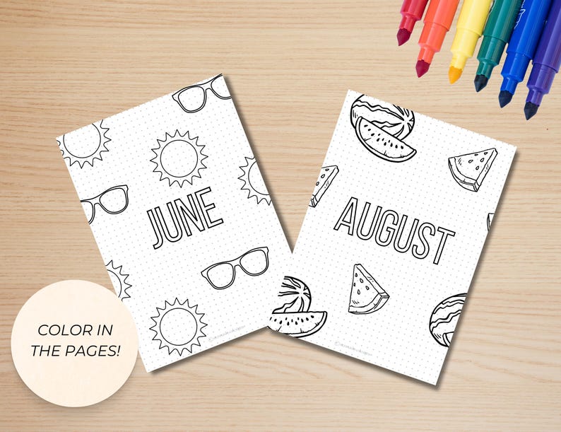 以下が含まれることがあります： 6月と8月の2つの印刷可能な塗り絵ページ。6月のページにはサングラスと太陽が描かれており、8月のページにはスイカが描かれています。両方のページには点線の背景があります。