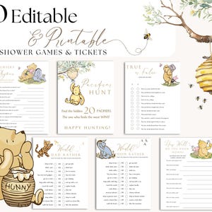 K&ouml;nnte beinhalten: Druckbare Babyparty-Spiele mit Winnie Puuh-Charakteren. Die Spiele beinhalten "Kinderreime", "Wahr oder Falsch", "Schnullerjagd", "Was w&uuml;rde Papa lieber", "Was w&uuml;rde Mama lieber" und "Wie gut kennst du Mama".