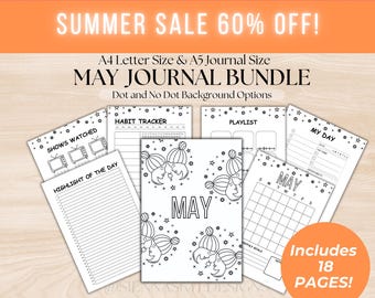 May include: A printable May journal bundle with 18 pages. The pages include a habit tracker, playlist, shows watched, highlight of the day, my day, and a monthly calendar. The pages have a black and white star and moon design.