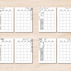 以下が含まれることがあります： 9月、10月、11月、12月の印刷可能なカレンダーページ4枚。各ページには、葉、カボチャ、星、雪片のイラストが描かれた、異なる季節のテーマが採用されています。ページは、プランナーまたはトラッカーとして使用するために設計されています。
