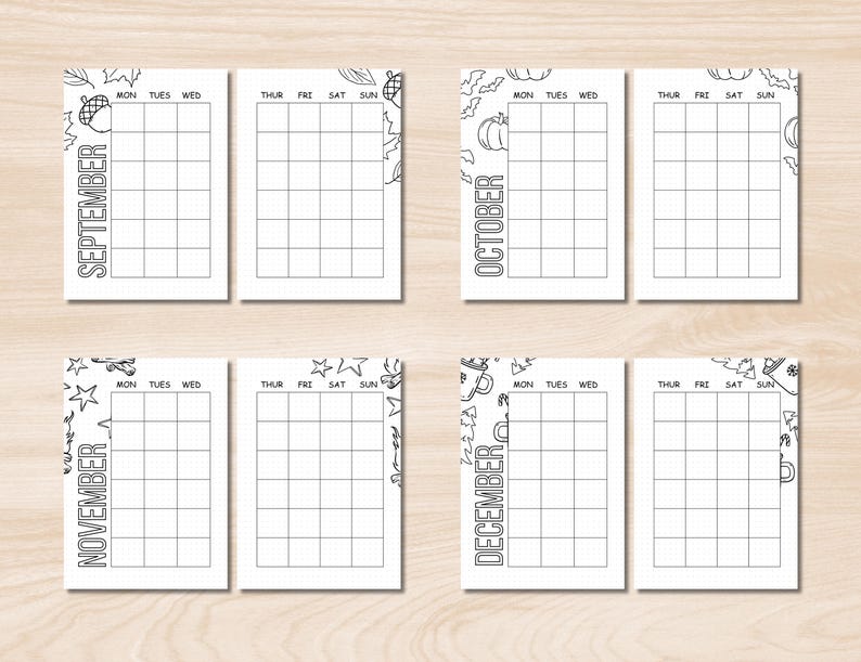 以下が含まれることがあります： 9月、10月、11月、12月の印刷可能なカレンダーページ4枚。各ページには、葉、カボチャ、星、雪片のイラストが描かれた、異なる季節のテーマが採用されています。ページは、プランナーまたはトラッカーとして使用するために設計されています。