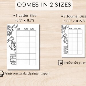 以下が含まれることがあります： 蝶と花のデザインが施された4月の印刷可能なカレンダー。カレンダーは、8.3インチ&times;11.7インチと5.83インチ&times;8.27インチの2つのサイズがあります。カレンダーは、標準のプリンター用紙に印刷するように設計されています。