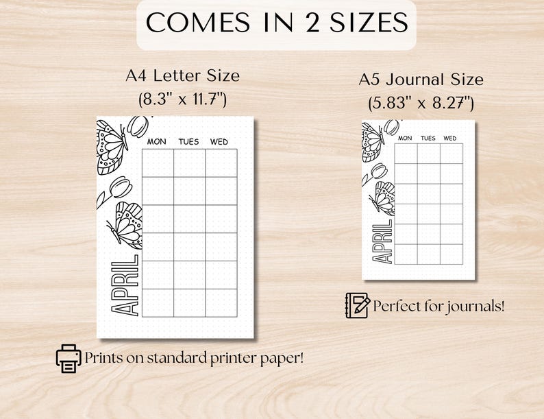 以下が含まれることがあります： 蝶と花のデザインが施された4月の印刷可能なカレンダー。カレンダーは、8.3インチ&times;11.7インチと5.83インチ&times;8.27インチの2つのサイズがあります。カレンダーは、標準のプリンター用紙に印刷するように設計されています。
