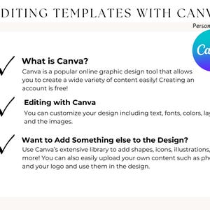 May include: A checklist with three green checkmarks and text explaining how to use Canva, a popular online graphic design tool. The text includes the phrase "Personalize with Canva" and a logo for Canva.