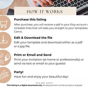 Peut inclure: Un guide de t&eacute;l&eacute;chargement num&eacute;rique avec des instructions sur la fa&ccedil;on d'acheter, de modifier et d'imprimer un mod&egrave;le d'invitation de f&ecirc;te. Le guide pr&eacute;sente quatre ic&ocirc;nes&nbsp;: un panier, une fl&egrave;che de t&eacute;l&eacute;chargement, une imprimante et un chapeau de f&ecirc;te. Le texte "HOW IT WORKS" est en haut de l'image.