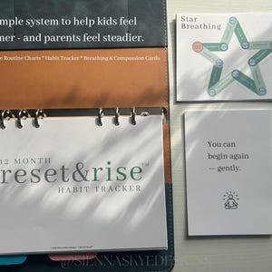 May include: A planner with a dark blue cover, brown interior, and a white habit tracker. The text on the planner reads "reset&rise HABIT TRACKER". Additional cards include "Star Breathing" and "You can begin again - gently."