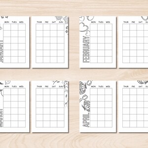 以下が含まれることがあります： 1月、2月、3月、4月の白黒印刷可能なカレンダーページ。各月は、雪片、ハート、葉、蝶など、さまざまな季節のデザインが特徴です。