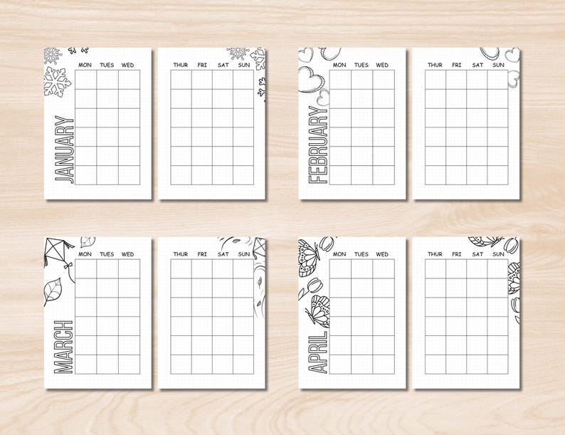 以下が含まれることがあります： 1月、2月、3月、4月の白黒印刷可能なカレンダーページ。各月は、雪片、ハート、葉、蝶など、さまざまな季節のデザインが特徴です。