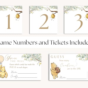 May include: Three white cards with gold numbers 1, 2, and 3. The cards have a watercolor illustration of a beehive hanging from a branch with bees flying around. The text "Game Numbers and Tickets Included" is below the cards.