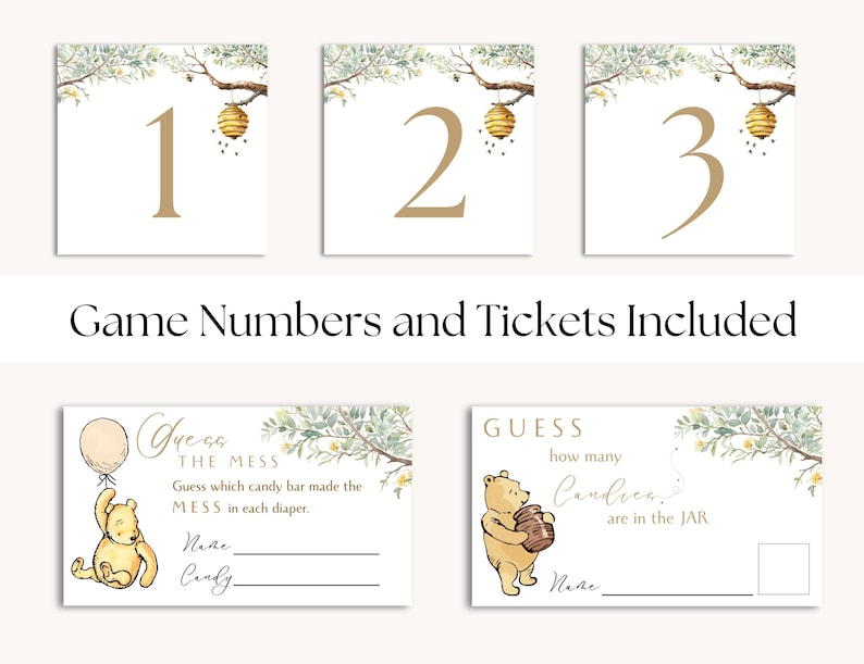 May include: Three white cards with gold numbers 1, 2, and 3. The cards have a watercolor illustration of a beehive hanging from a branch with bees flying around. The text "Game Numbers and Tickets Included" is below the cards.