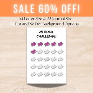 May include: A white paper with the text "25 BOOK CHALLENGE" and book illustrations. The top of the image has the text "SALE 60% OFF!" in an orange banner. Available in A4 and A5 sizes, with dot and no dot background options.