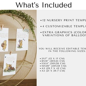 May include: A set of printable nursery art templates featuring Winnie the Pooh and Piglet. The set includes 12 nursery print templates, 4 customizable templates, and extra graphics with color variations of balloons. The templates are available in the following sizes: 5x7 inches (12 x 17 cm), 8x10 inches (20x25 cm), 11x14 inches (30x38 cm), 16x20 inches (40x50 cm), A3 (29.7 x 42 cm), and A4 (21 x 29.7 cm).