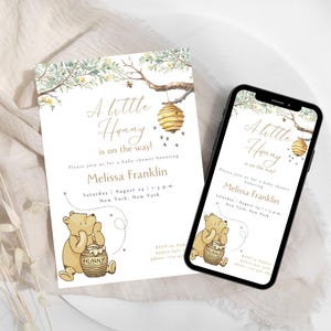 Editable Winnie-the-pooh ‘A Little Hunny is on the Way’ BABY SHOWER Classic Vintage Print and Digital Invitations. Gender Neutral. W1