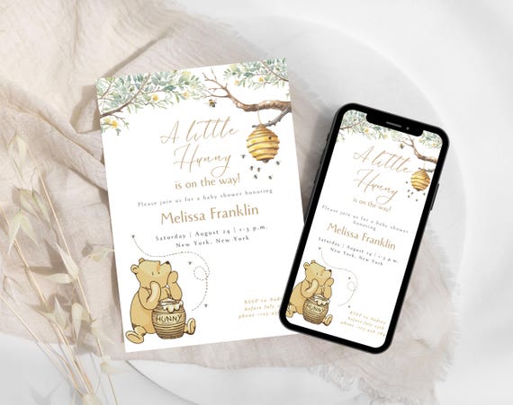 Winnie-the-Pooh Baby Shower Invitation: 'A Little Hunny' Vintage Print (Digital)