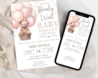Può includere: Un invito a una festa di benvenuto per il bambino con uno schema di colori rosa e bianco. L'invito presenta un orsacchiotto in un cestino con palloncini rosa. Il testo sull'invito recita "We can barely wait Baby Jones is on the way!" e include la data e l'ora della festa.