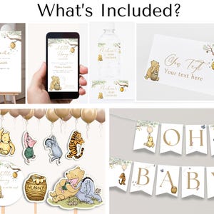 K&ouml;nnte beinhalten: Ein Winnie Puuh-Babyparty-Druckset mit einem Willkommenszeichen, einer Einladung, einem Wasserflaschenetikett, einem Geschenkanh&auml;nger, einem Banner und Cupcake-Toppern. Das Set zeigt die Figuren Winnie Puuh, Ferkel, Tiger und Esel.
