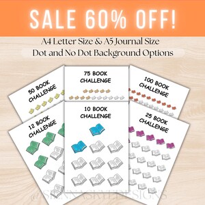 May include: A collection of white paper prints with book challenge themes. The prints display the text "SALE 60% OFF!" and "A4 Letter Size & A5 Journal Size". Each print highlights a different book challenge, including "50 BOOK CHALLENGE" and "10 BOOK CHALLENGE".