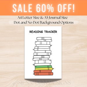 May include: A white reading tracker with a stack of books in black and white, with the words "READING TRACKER" at the top. The bottom books are colored in green and red. The image also includes the text "SALE 60% OFF!" and size options.