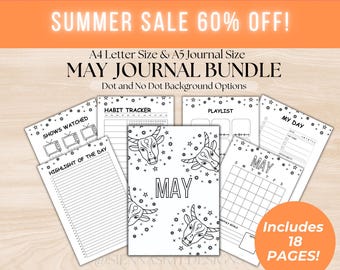 May include: Black and white printable journal pages for the month of May. The pages include a habit tracker, playlist, my day, shows watched, highlight of the day, monthly goals, and a calendar. The pages are decorated with a star and bull design. The text "MAY JOURNAL BUNDLE" is at the top of the image. The text "Includes 18 PAGES!" is at the bottom of the image.