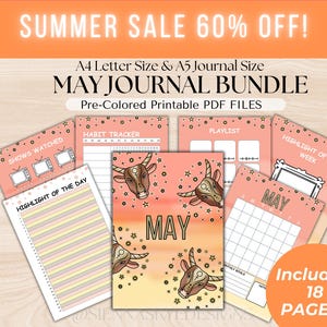 May include: A printable May journal bundle with 18 pages. The pages are pre-colored with a peach background and feature a variety of designs, including a calendar, habit tracker, playlist, and highlight of the week. The text "MAY JOURNAL BUNDLE" is in large, bold letters at the top of the image.