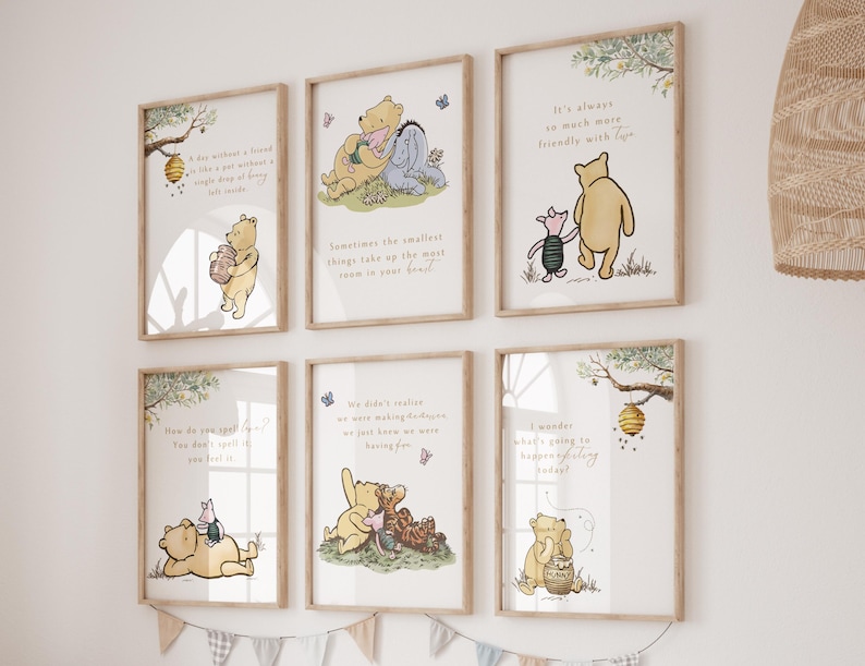 May include: Set of 6 Winnie the Pooh nursery prints with quotes from the book. Each print features a different illustration of Winnie the Pooh and Piglet. The prints are framed in a light wood frame.