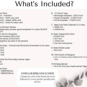 K&ouml;nnte beinhalten: Eine Liste der Artikel, die in einem Winnie-the-Pooh-Babyparty-Paket enthalten sind. Die Liste umfasst Einladungen, Spiele, Schilder, Tortenaufs&auml;tze und mehr. Der Text "EXTRA GRAPHICS INCLUDED!" ist ebenfalls auf dem Bild zu sehen.