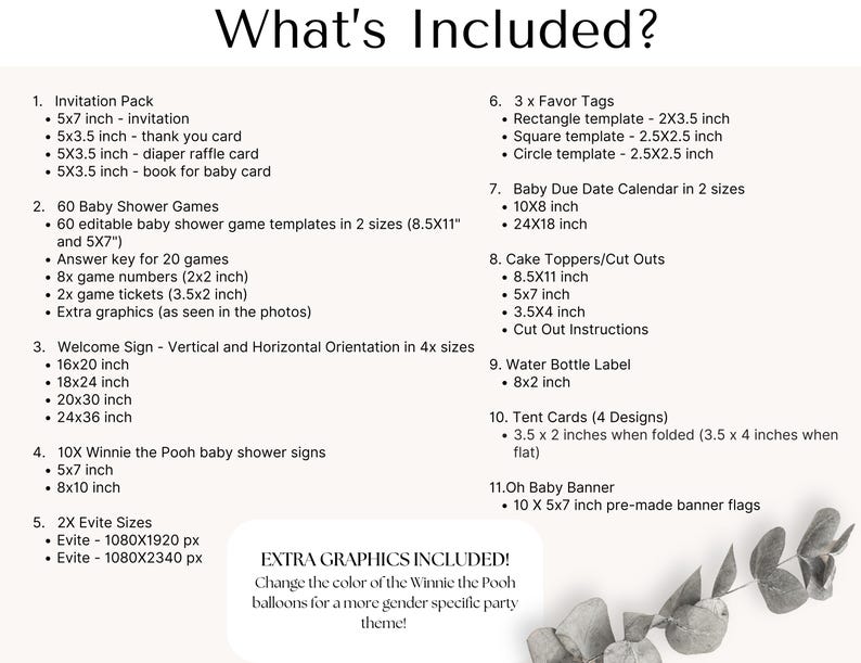 K&ouml;nnte beinhalten: Eine Liste der Artikel, die in einem Winnie-the-Pooh-Babyparty-Paket enthalten sind. Die Liste umfasst Einladungen, Spiele, Schilder, Tortenaufs&auml;tze und mehr. Der Text "EXTRA GRAPHICS INCLUDED!" ist ebenfalls auf dem Bild zu sehen.