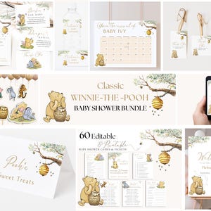 Classic Winnie-the-Pooh Baby Shower Bundle. Editable Vintage Party Decorations. Printable Custom Baby Shower Signs, Games, Invites. W1.