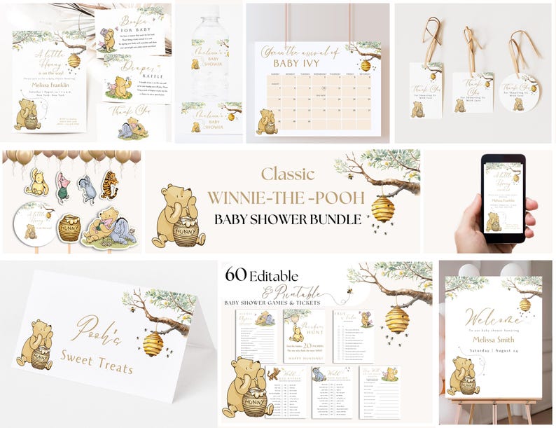 K&ouml;nnte beinhalten: Ein Winnie-the-Pooh-Babyparty-Paket mit 60 editierbaren und druckbaren Spielen, Tickets und Dekorationen. Das Paket beinhaltet ein Willkommenszeichen, einen Kalender, einen Satz Etiketten, einen Satz Cupcake-Topper, einen Satz Platzkarte und einen Satz Spiele und Tickets.