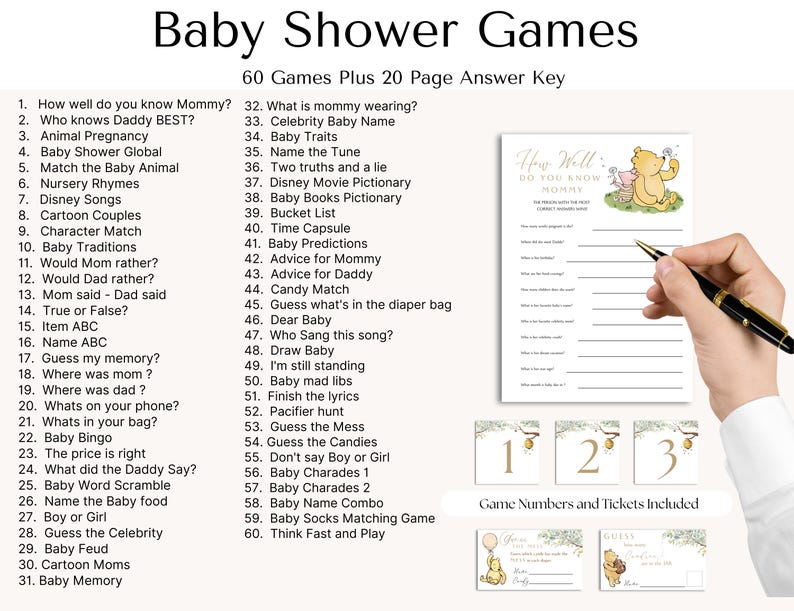 May include: A printable baby shower game with a Winnie the Pooh theme. The game is called "How Well Do You Know Mommy?" and includes 60 games and a 20-page answer key. The game cards are decorated with a green and white floral design.