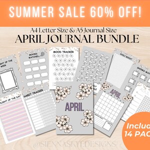 May include: A printable April journal bundle with 14 pages in A4 and A5 sizes. The pages include trackers for movies watched, mood, habits, daily boosts, shows watched, and adulting. The pages are decorated with a gray background and floral designs.