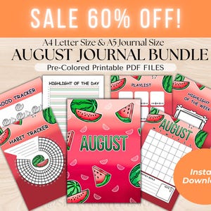August Journal Bundle - Watermelons - Pre-colored Pages - August Planner - August Agenda - Printable Planner Bujo Pages | Instant Download