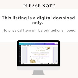 Peut inclure: Un &eacute;cran d'ordinateur affichant un t&eacute;l&eacute;chargement num&eacute;rique d'une invitation de f&ecirc;te pr&eacute;natale. L'invitation repr&eacute;sente un ours en dessin anim&eacute; et le texte "Honey is on the way!" et "Melissa Franklin".