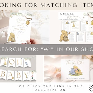 May include: Winnie the Pooh baby shower invitation, games, and thank you card printable set. The invitation features a watercolor illustration of Winnie the Pooh with a honey pot. The games and thank you card feature Winnie the Pooh and Piglet.