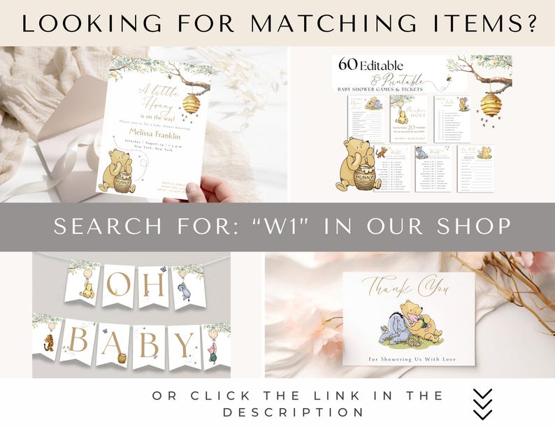 May include: Winnie the Pooh baby shower invitation, games, and thank you card printable set. The invitation features a watercolor illustration of Winnie the Pooh with a honey pot. The games and thank you card feature Winnie the Pooh and Piglet.