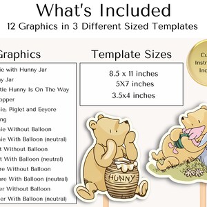 May include: A set of 12 Winnie the Pooh themed graphics for crafting projects. The graphics include Winnie the Pooh, Piglet, Eeyore, and Tigger with and without balloons. The graphics are available in three sizes: 8.5 x 11 inches, 5 x 7 inches, and 3.5 x 4 inches. Cutting instructions are included.